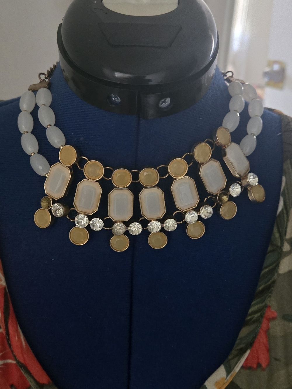 Ashley Stewart Gold and White Multi-Row Statement Necklace
